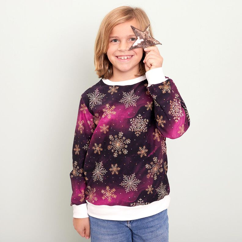 French Terry Snowflakes Milky Way | Glitzerpüppi – aubergine/antique gold, image number 5