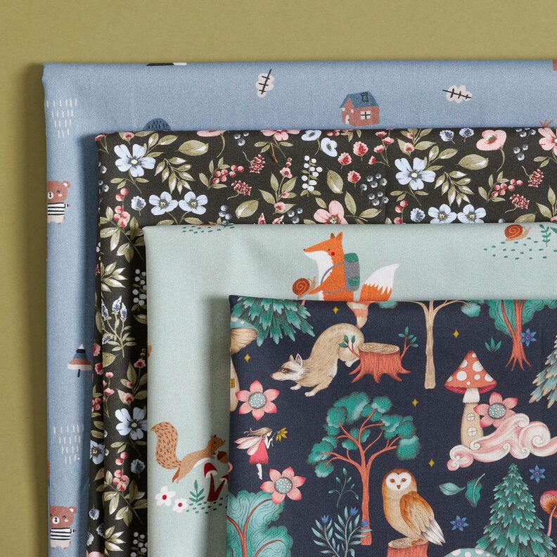 GOTS Cotton Poplin Bear and owl on the move – light wash denim blue,  image number 5