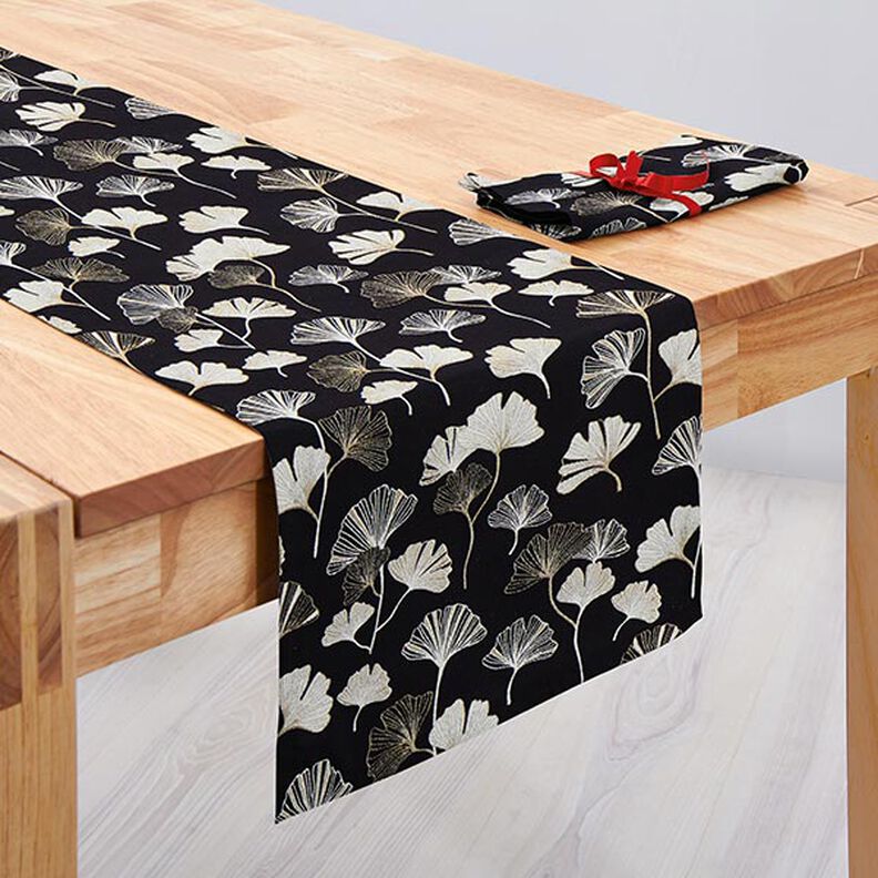 Decor Fabric Jacquard ginkgo leaves – black/gold,  image number 10