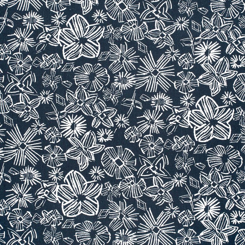 Viscose Linen Blend sketched flowers – midnight blue/white,  image number 1