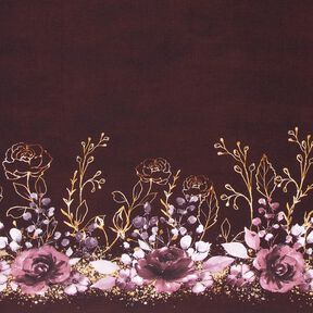 Cotton Jersey Border Fabric Flowers in gold glitter | Glitzerpüppi – burgundy/pastel mauve, 