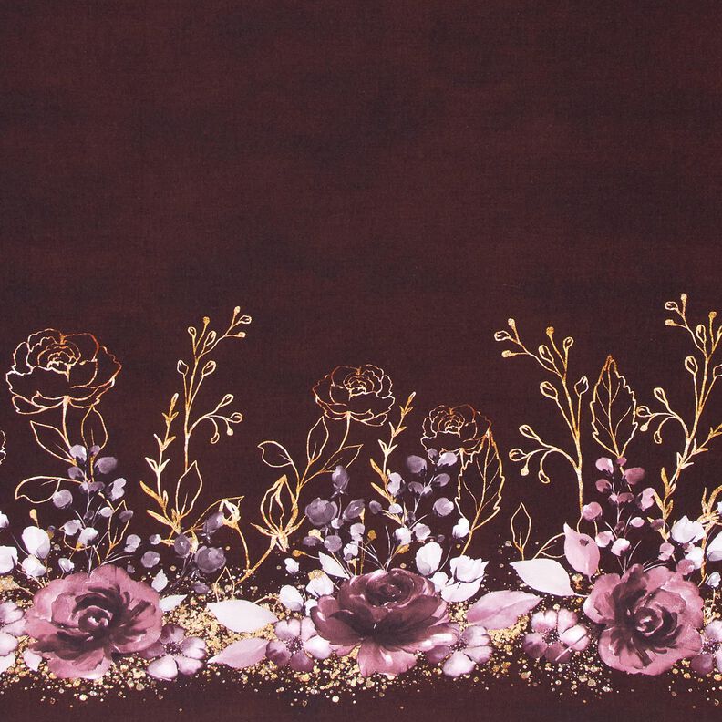 Cotton Jersey Border Fabric Flowers in gold glitter | Glitzerpüppi – burgundy/pastel mauve,  image number 1