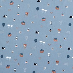 GOTS Cotton Poplin Bear and owl on the move – light wash denim blue, 