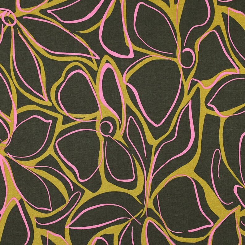 Stretch viscose large flowers – dark pine/yellow olive,  image number 1