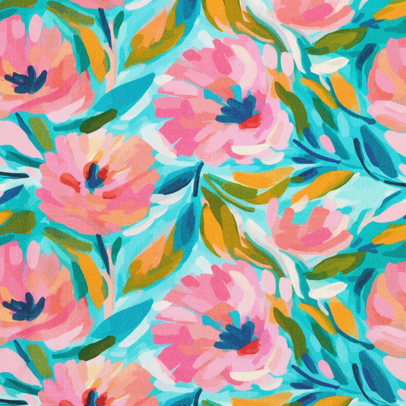 Decor Fabric Cotton Twill painted flowers  – pink/turquoise,  image number 1