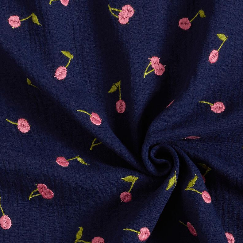 Double Gauze/Muslin embroidered cherries | Poppy Fabrics – midnight blue/pink,  image number 3
