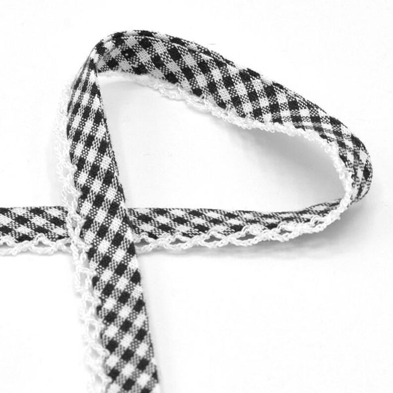 Bias binding Vichy check with crochet border [20 mm] – black,  image number 1