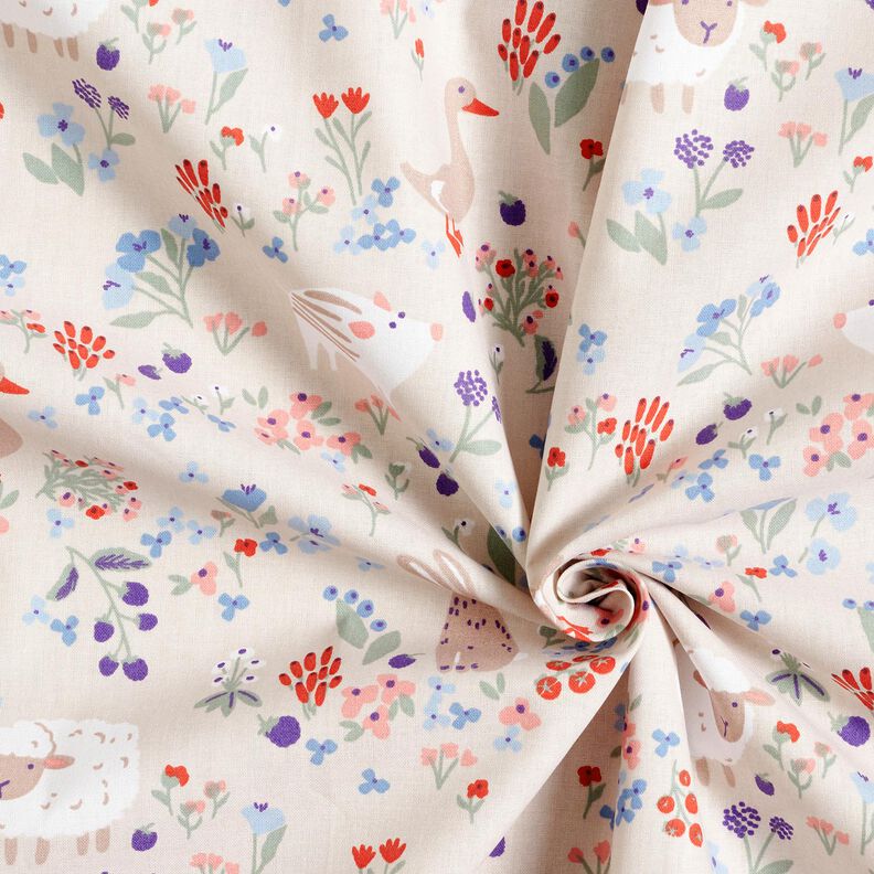 Cotton Poplin animals in a flower meadow – natural/fire red, image number 3