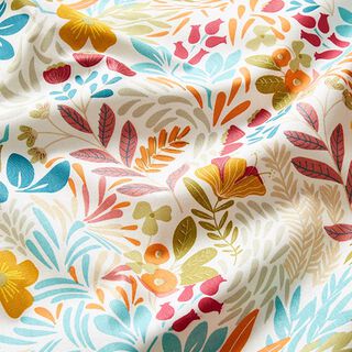 Coated Cotton colourful flowers – white/aqua blue, 