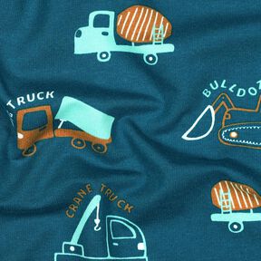 Brushed Sweatshirt Fabric Construction vehicles | Poppy Fabrics – ocean blue/eucalyptus, 