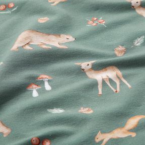 GOTS French Terry Bear, deer, squirrel Digital Print – dark green, 