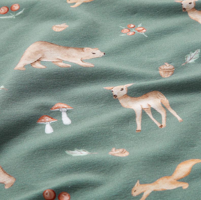 GOTS French Terry Bear, deer, squirrel Digital Print – dark green, image number 2