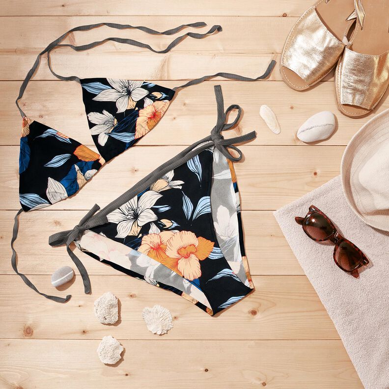Swimsuit Fabric large hibiscus flowers – blue-black/apricot,  image number 7