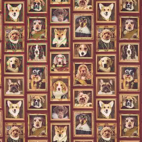 Decor Fabric Half Panama Dog portraits – carmine/gold, 