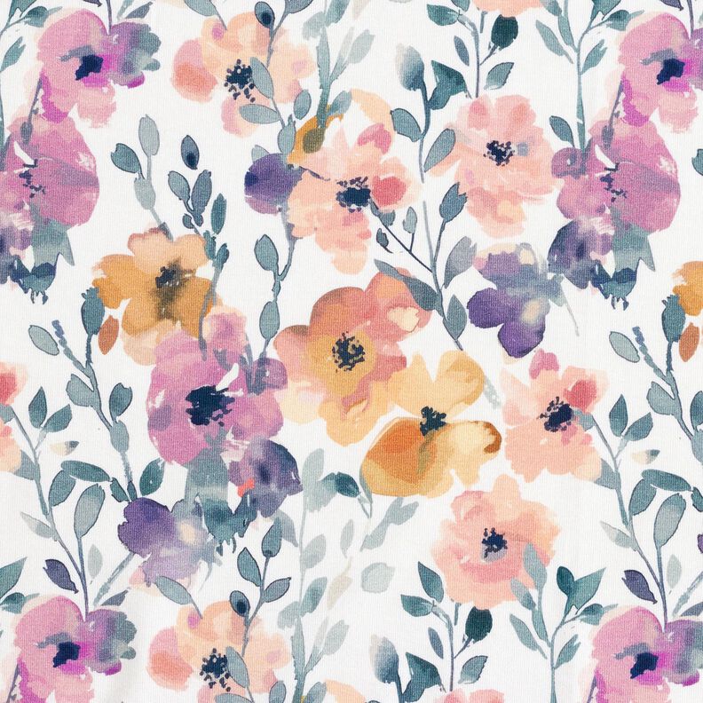 GOTS Cotton Jersey Watercolour Floral Meadow Digital Print – ivory, image number 1