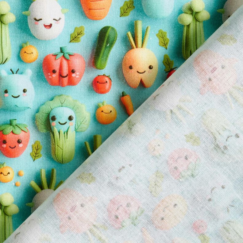 Cotton Poplin happy clay vegetables Digital Print – aqua blue,  image number 4