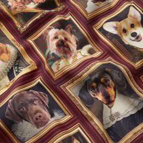 Decor Fabric Half Panama Dog portraits – carmine/gold, 