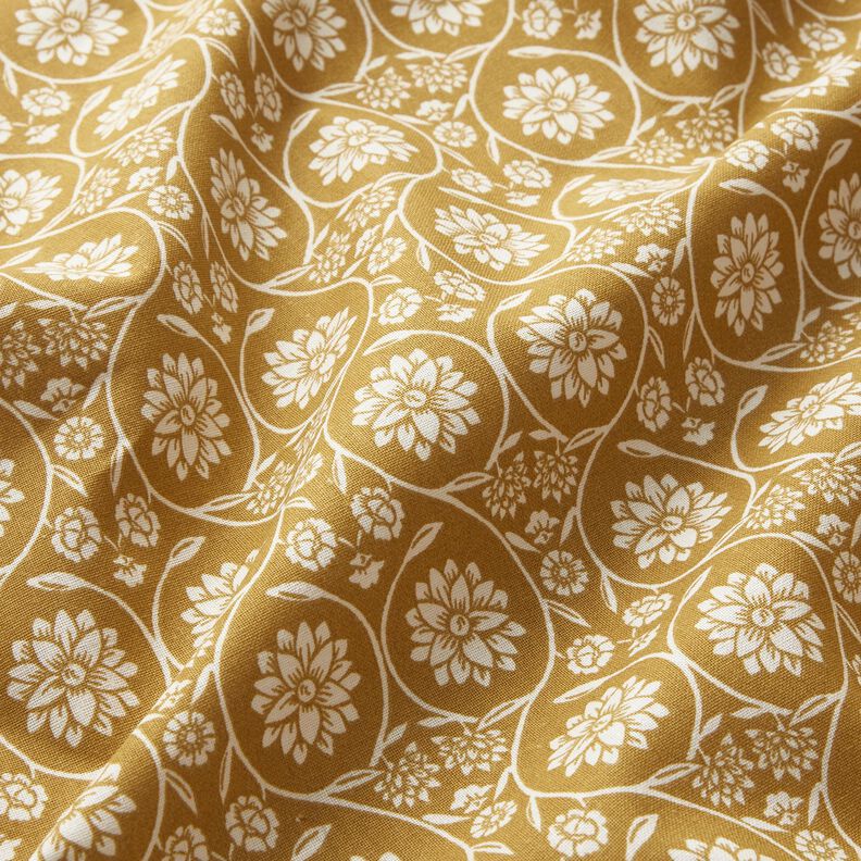 Cotton Cretonne Flowers and tendrils – mustard/white, image number 2