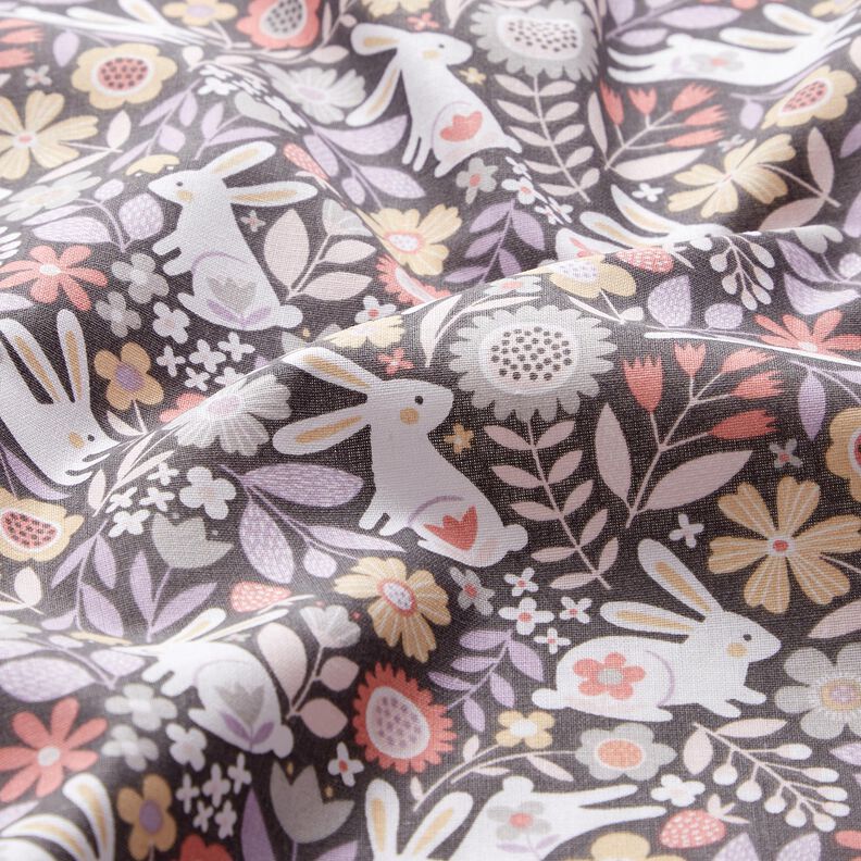 Cotton Poplin Rabbits in the flower meadow – dark grey,  image number 2