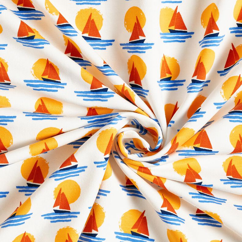 Brushed Sweatshirt Fabric Sailing boats at sunset – white/blue, image number 3
