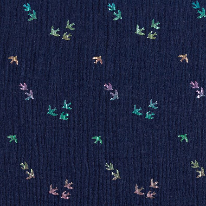 Double Gauze/Muslin Swallows Foil Print | Poppy Fabrics – midnight blue/colour mix,  image number 1