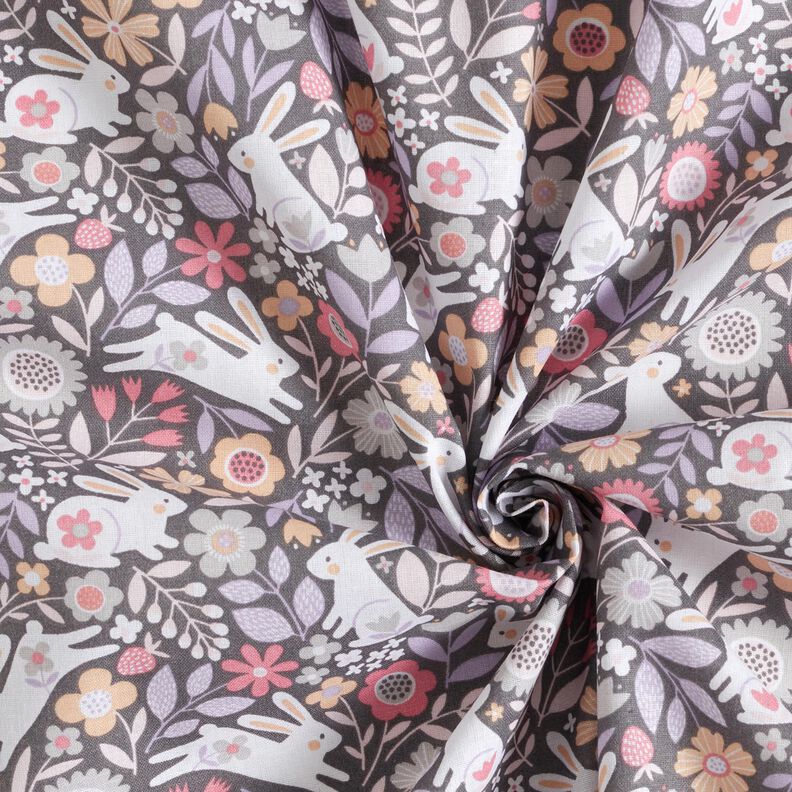 Cotton Poplin Rabbits in the flower meadow – dark grey,  image number 3