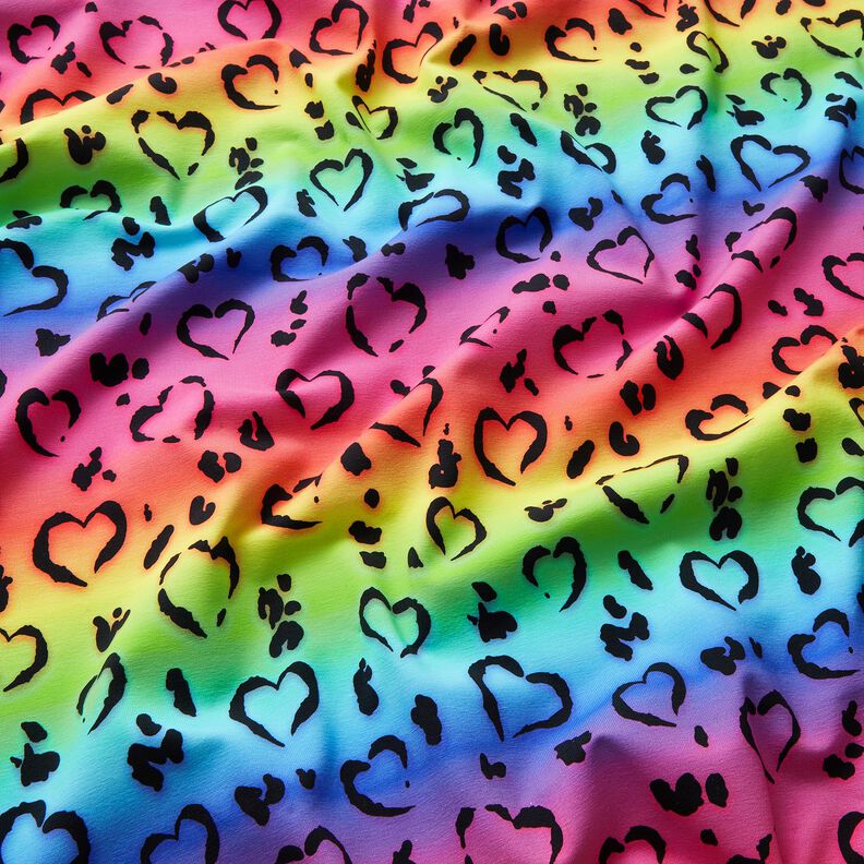 Cotton Jersey Rainbow leopard print hearts | Glitzerpüppi – black/colour mix,  image number 1