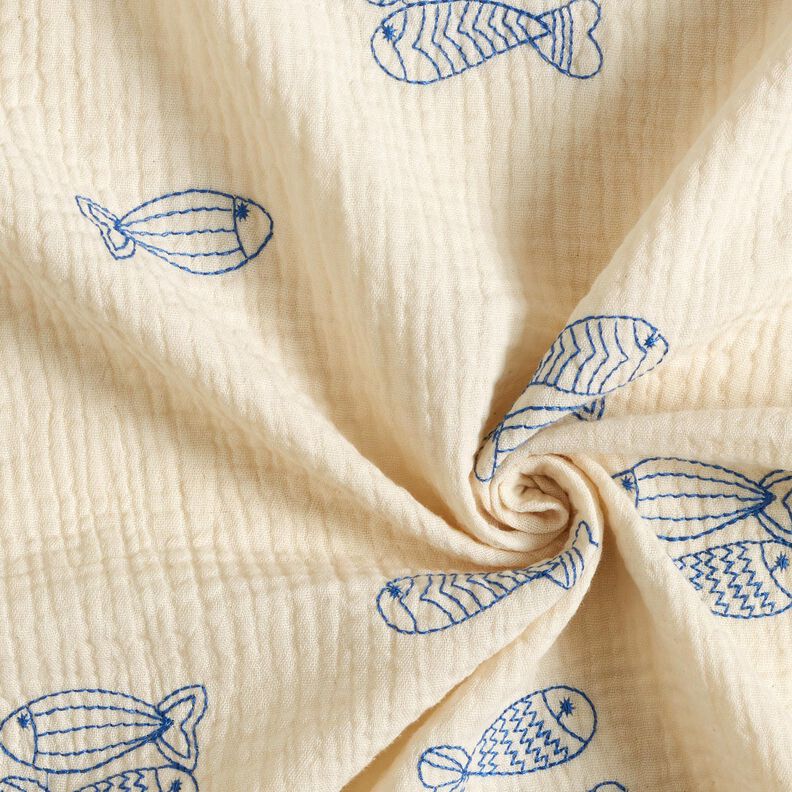 Double Gauze/Muslin embroidered fish | Poppy Fabrics – offwhite/royal blue,  image number 3