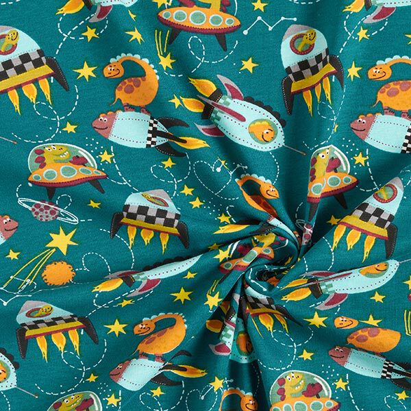 Cotton Jersey Dinosaurs in Space – petrol, image number 3
