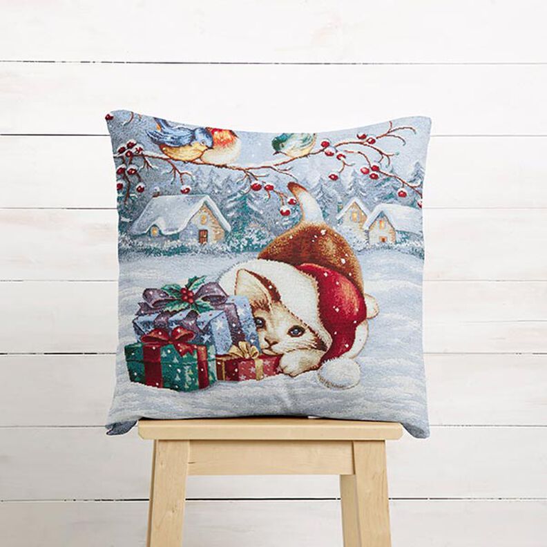 Decorative Panel Tapestry Fabric Cat with Gifts – light blue/carmine, image number 5