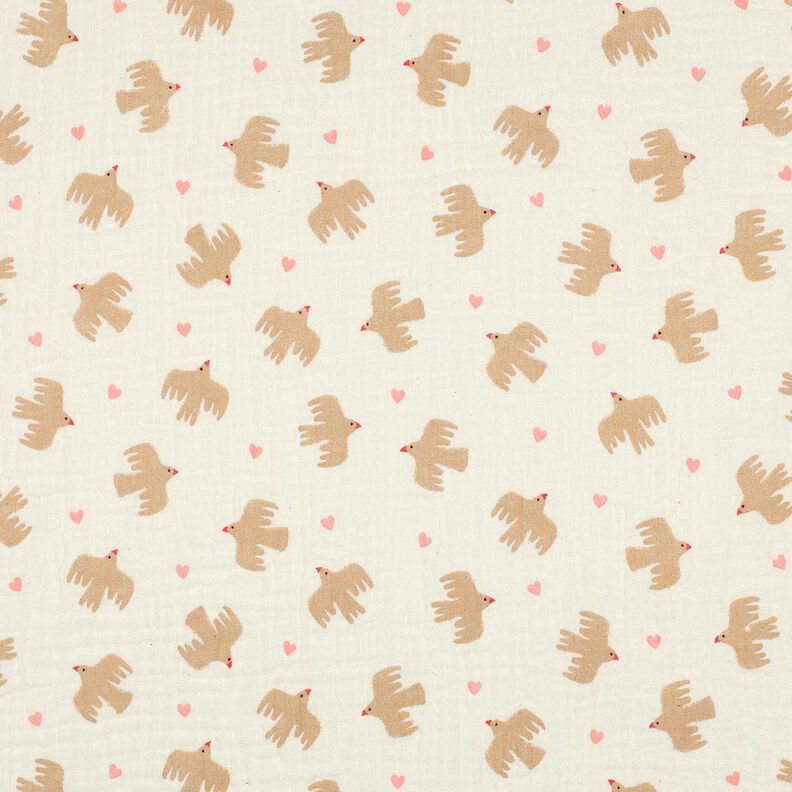 GOTS Double Gauze/Muslin Birds and hearts | Poppy Fabrics – offwhite, image number 1
