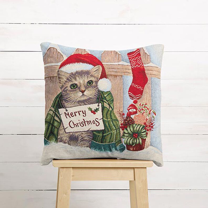 Panel Tapestry Fabric Christmas cat – light blue/red, image number 5