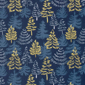 Cotton Poplin delicate fir trees – midnight blue/gold, 