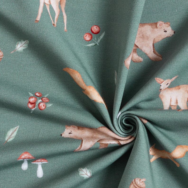 GOTS French Terry Bear, deer, squirrel Digital Print – dark green, image number 3