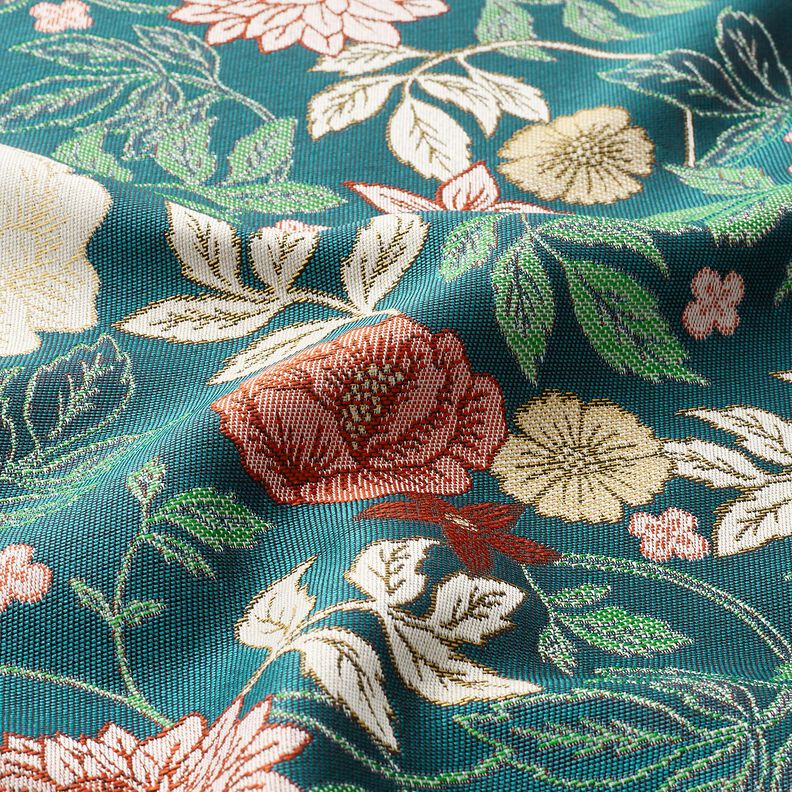 Decor Fabric Jacquard vintage flowers – petrol/dark red, image number 2