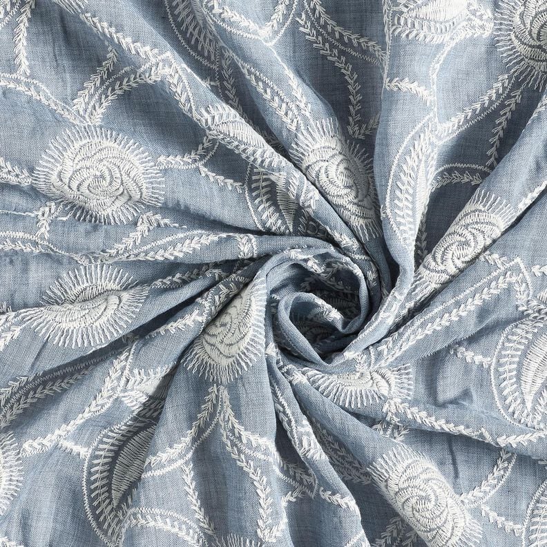 <h2>Cotton Fabric Floral Embroidery &ndash; Light Denim Blue Batiste with Off-White Stitching</h2>,  image number 3