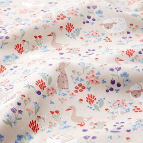 Cotton Poplin animals in a flower meadow – natural/fire red, 