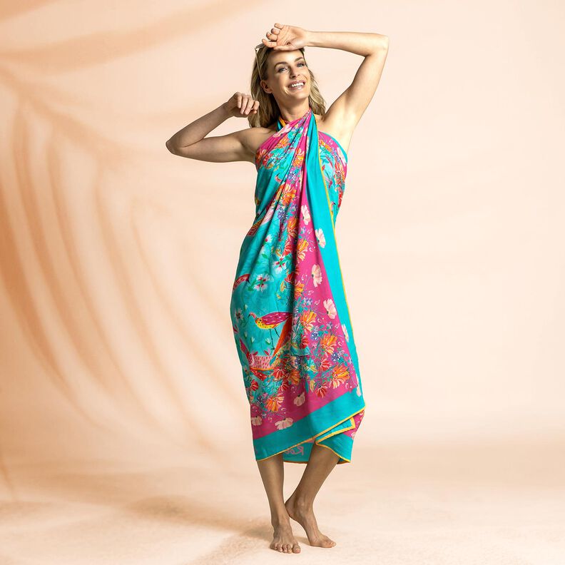Beachwear Panel Pareo Peacocks and Flowers – aqua blue/intense pink,  image number 7