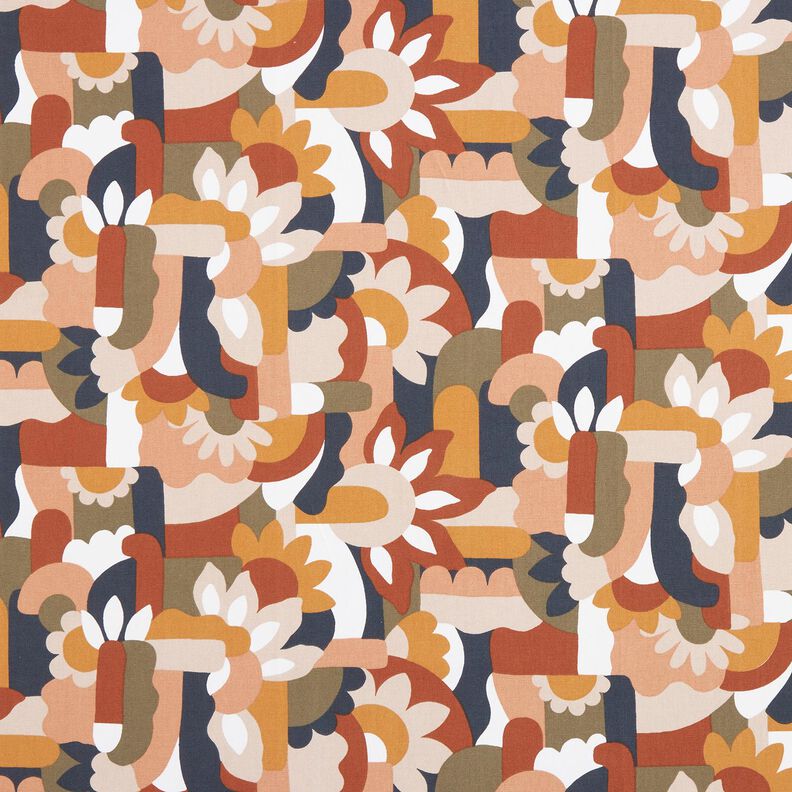 Decor Fabric Half Panama abstract retro flowers – white/copper,  image number 1