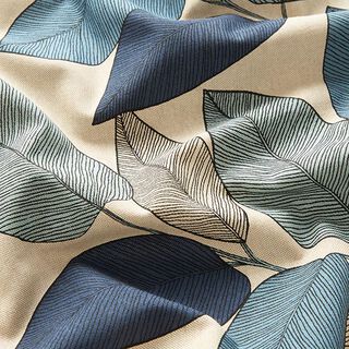 Decor Fabric Half Panama large leaves – blue/natural, 