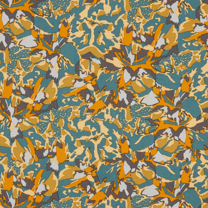 viscose fabric abstract sea of flowers – blue spruce/curry yellow,  image number 1