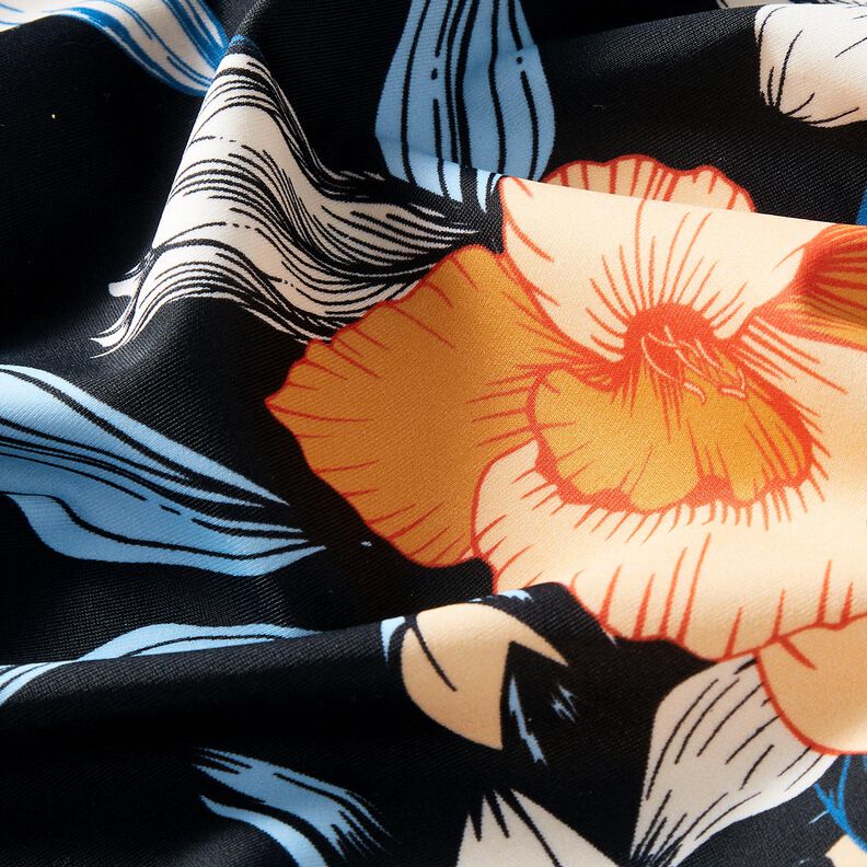 Swimsuit Fabric large hibiscus flowers – blue-black/apricot,  image number 2