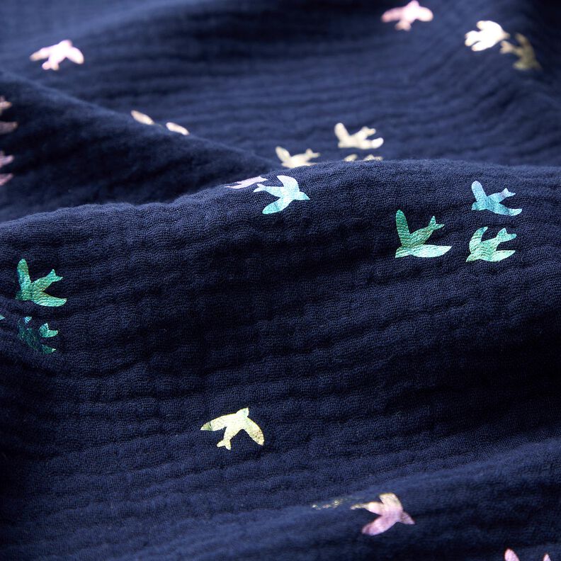 Double Gauze/Muslin Swallows Foil Print | Poppy Fabrics – midnight blue/colour mix,  image number 5