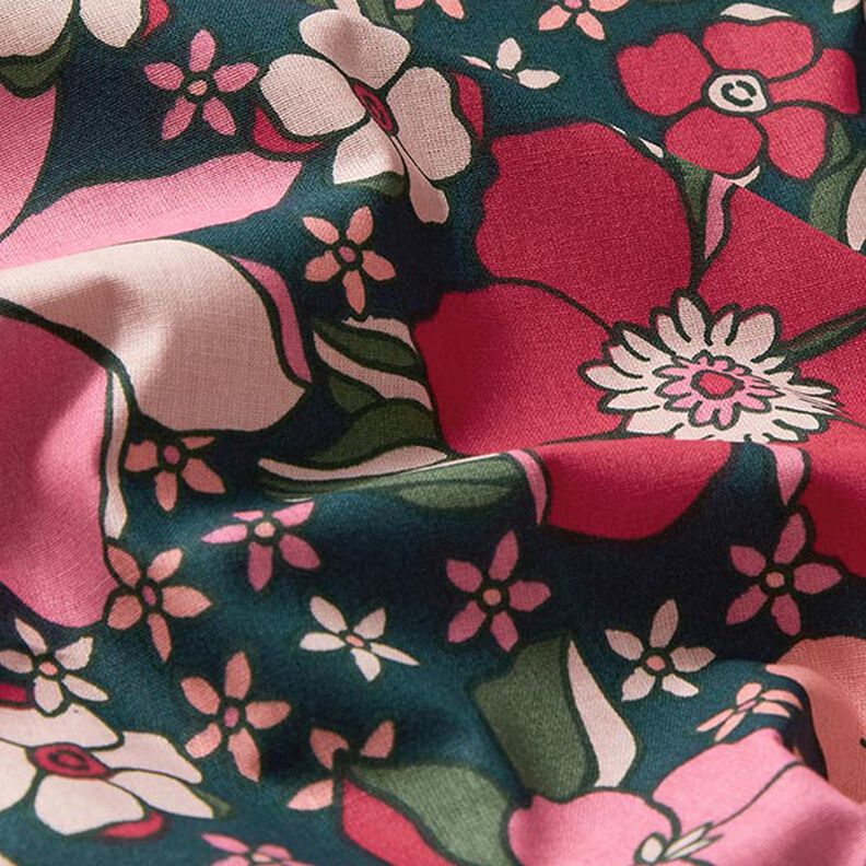 Cotton Cretonne Retro Flowers – petrol/pink,  image number 2