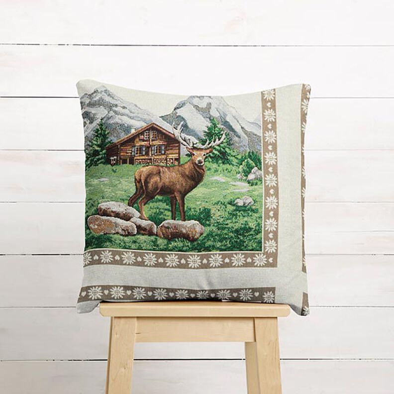 Decorative Panel Tapestry Fabric Deer and Mountain Hut – brown/green,  image number 6