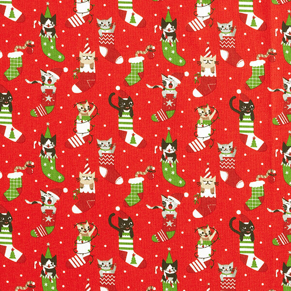 Cotton Cretonne Christmas Cats – red, image number 1
