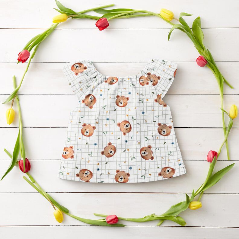 Cotton Poplin Teddy bears on a check pattern Digital Print – white/reed,  image number 6