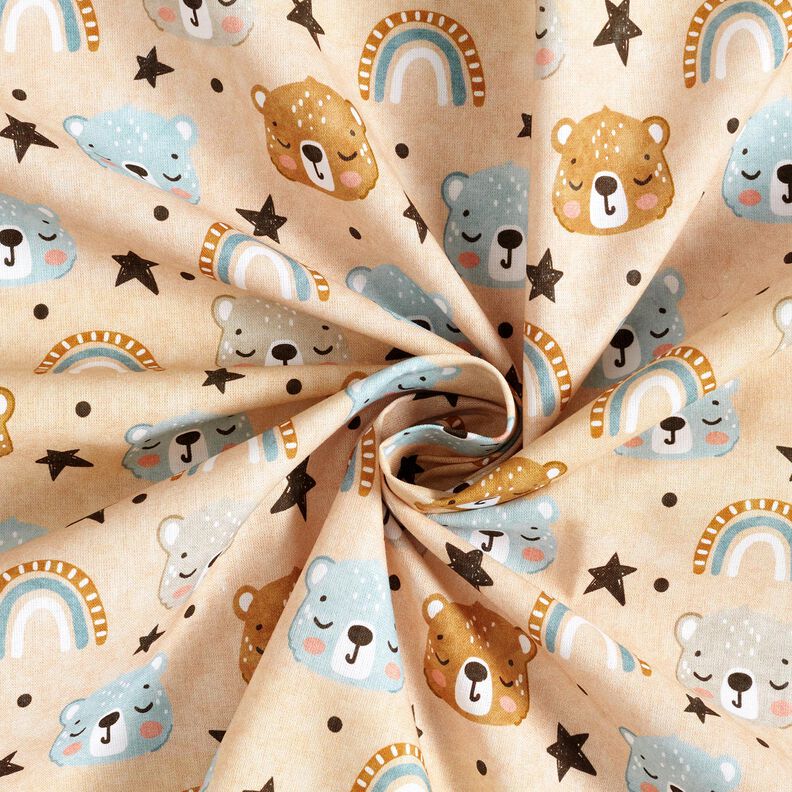 Cotton Poplin Bear heads and rainbows Digital Print – beige,  image number 3