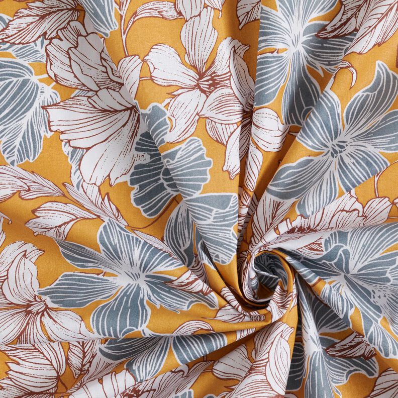 Cotton Cretonne large flowers – mustard/grey, image number 3