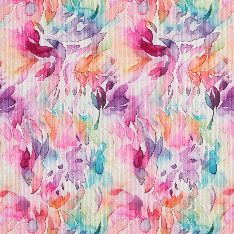 Structured Stretch Fabric Watercolor Flowers Digital Print – lavender/peach orange,  image number 1